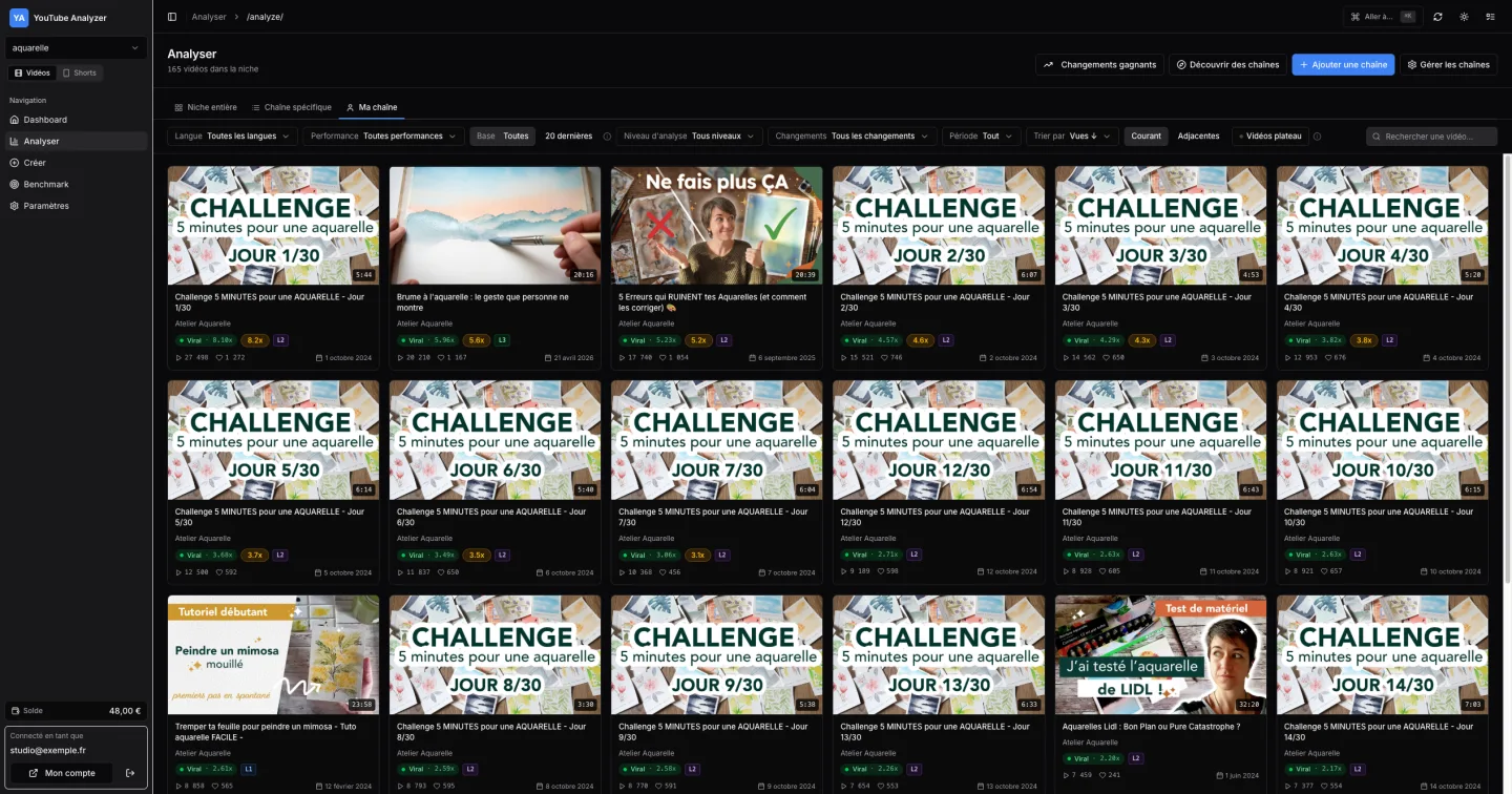 Liste de vidéos d'une niche avec les outliers qui surperforment mis en évidence