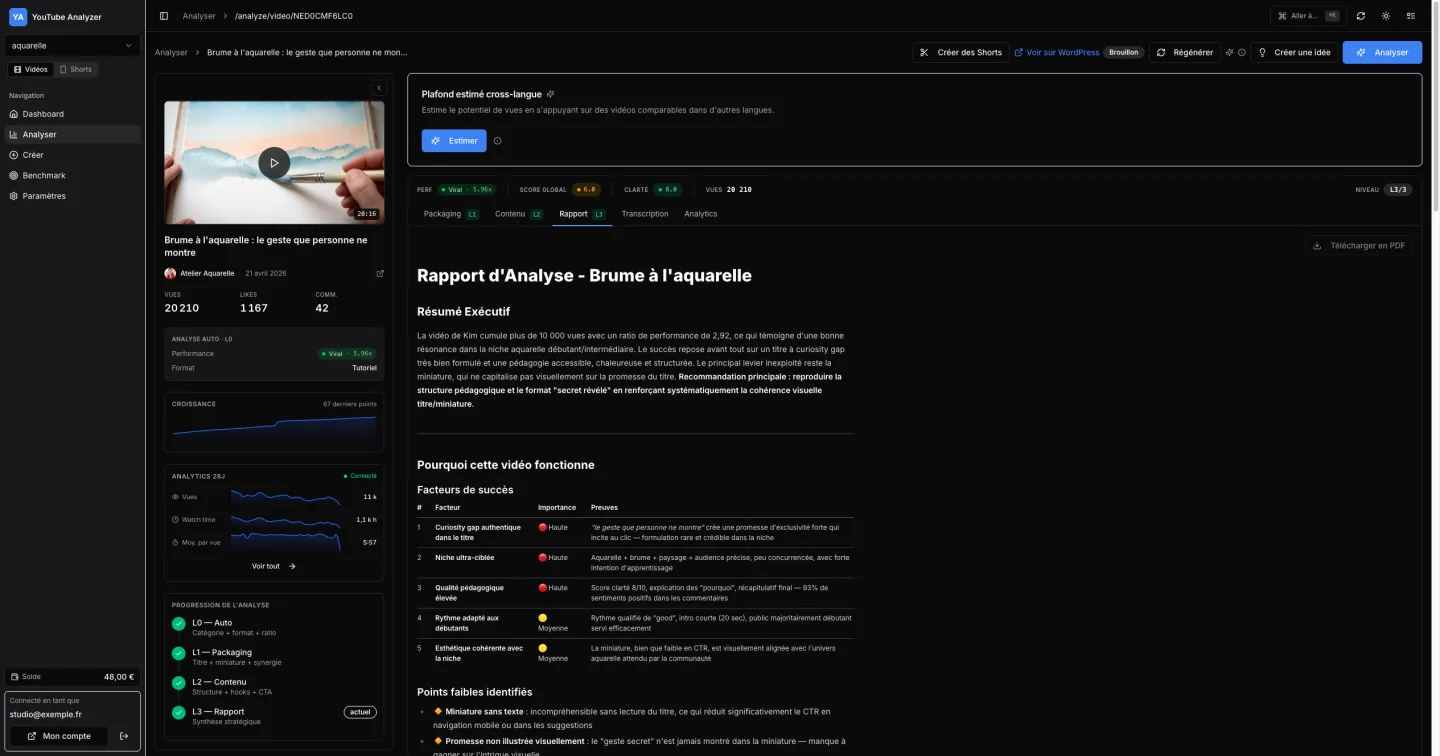 Page de détail d'une vidéo avec l'analyse IA de sa structure et de sa rétention